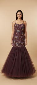 Wine Embroidered Designer Gown – Trending Party Wear & Wedding Collection Wholesale