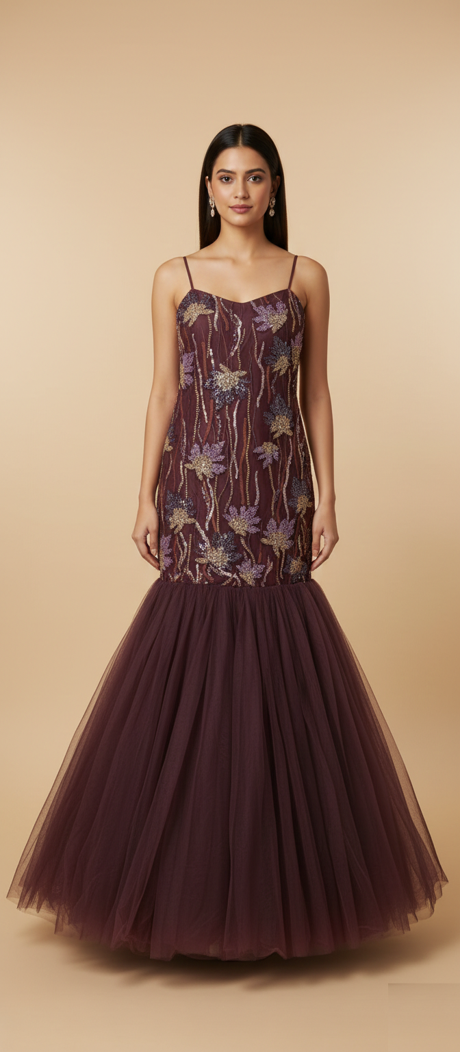 Wine Embroidered Designer Gown – Trending Party Wear & Wedding Collection Wholesale
