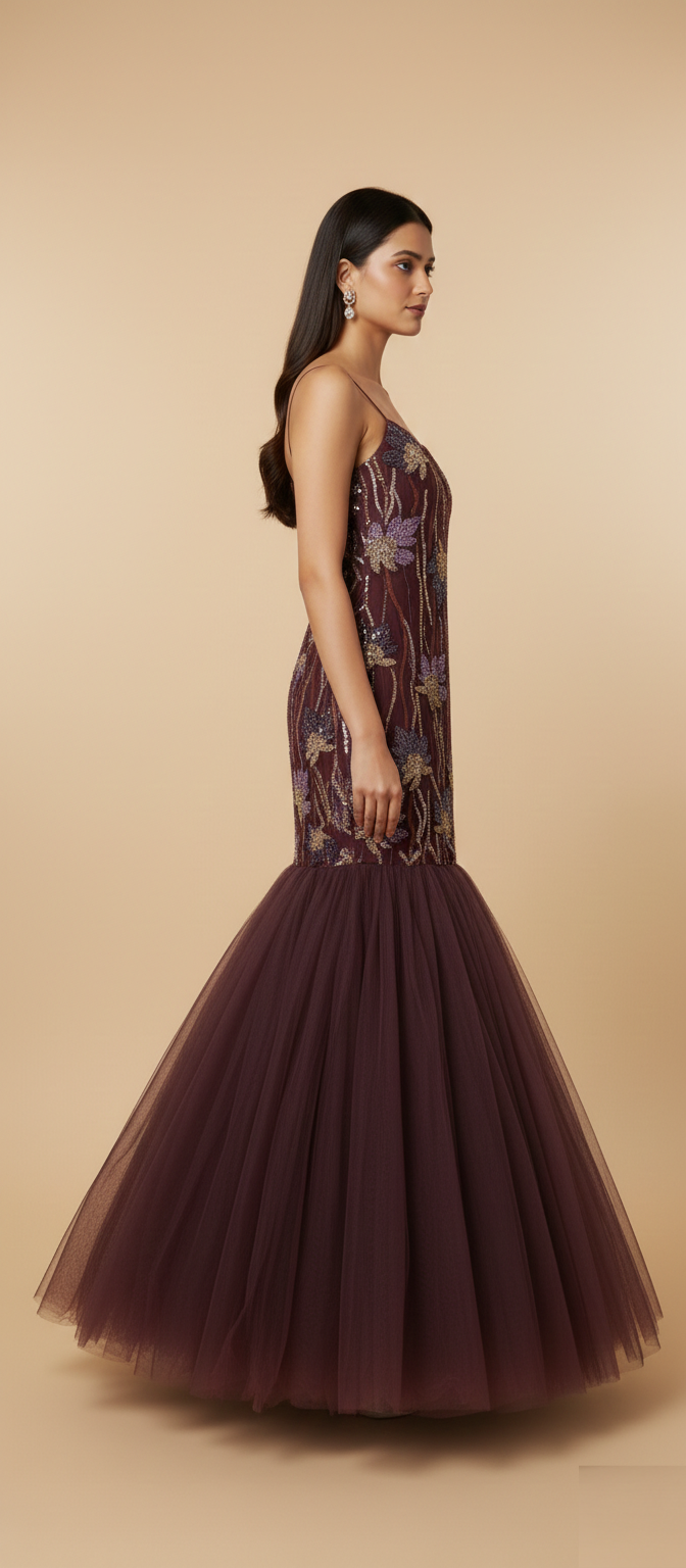 Wine Embroidered Designer Gown – Trending Party Wear & Wedding Collection Wholesale