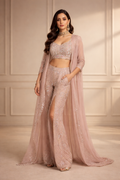 Royal Champagne Indo-Western Embroidered Couture Set with Sheer Cape
