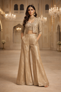 Imperial Champagne Straight Plazo Co-Ord Set with Embroidered Jacket