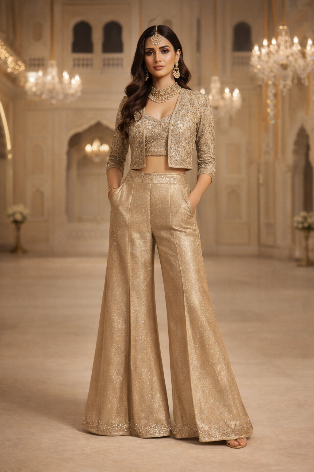Imperial Champagne Straight Plazo Co-Ord Set with Embroidered Jacket